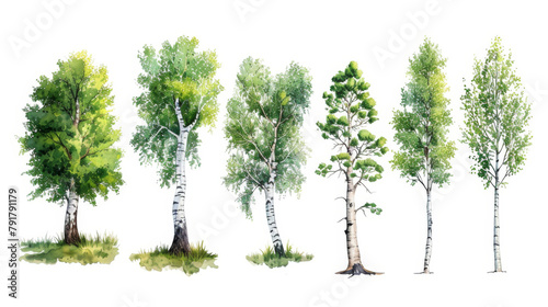 Collection of birch trees in various stages of growth, illustrated in watercolor on a white background. photo