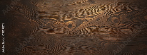 The wood grain texture has many wavy lines, and the color is brown. The top view of the wooden table 