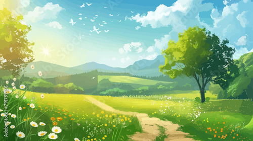 a painting of a green field with a dirt path