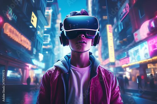 Teenager with VR headset exploring metaverse, playing video game in neon cyberpunk city street setting © Salawati