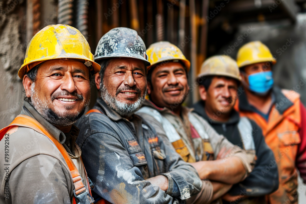 Group of Five Cheerful Construction Workers in Safety Gear Posing at a Worksite Group of Five Cheerful Construction Workers in Safety Gear Posing at a Worksite