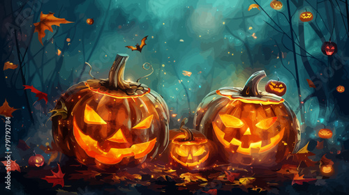 two carved pumpkins sitting in the middle of a forest
