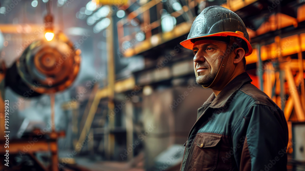 Confident metallurgist with hardhat in industrial environment, focus and expertise evident Confident metallurgist with hardhat in industrial environment, focus and expertise evident