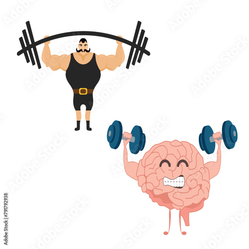 Strong man icon vector Brain training with dumbbells, human train intellect