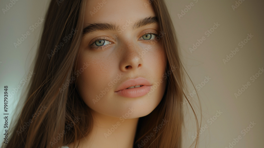 Captivating Woman with Long Brown Hair and Green Eyes Gazes Serenely into the Camera, Radiating Natural Beauty in Soft Lighting Against a Neutral Beige Background Captivating Woman with Long Brown Hair and Green Eyes Gazes Serenely into the Camera, Radiating Natural Beauty in Soft Lighting Against a Neutral Beige Background