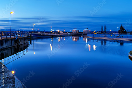 Twilight Blue Hour at Industrial Water Treatment Plant with Reflective Pools and Illuminated Lights © thanakrit