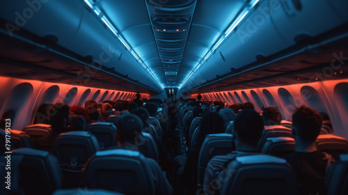 Close-up of passengers on an airplane. People flying on an airplane. Travel concept. photo