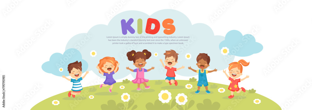 Obraz premium Happy kids playing male and female on playground vector template
