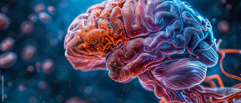 Poster Anatomical rendering of the human brain shown in 3D with region ...