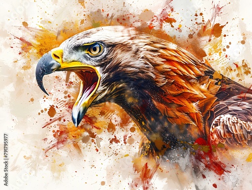 A wild eagle in full roar, charging directly towards the camera with a fierce expression. The image is captured in a dynamic watercolor style, showcasing vibrant colors and fluid brushstrokes.  photo