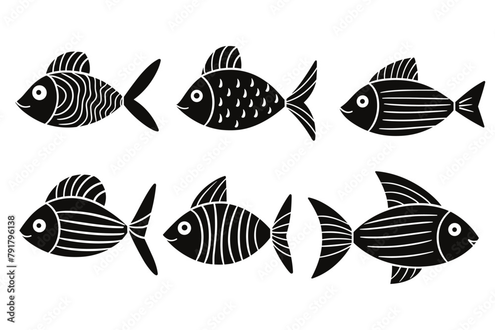 Set of fun and cute black and white fish. Vector illustration Set of fun and cute black and white fish. Vector illustration
