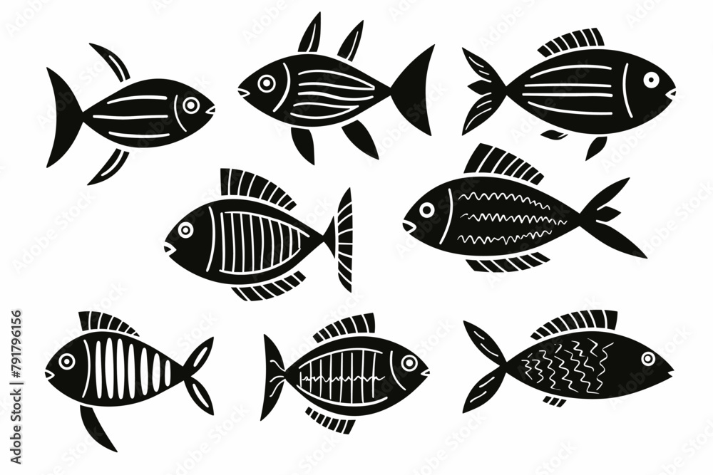 Set of fun and cute black and white fish. Vector illustration Set of fun and cute black and white fish. Vector illustration
