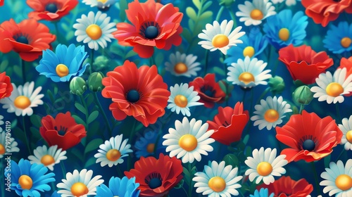 An illustration of chamomile flowers, cornflowers, and poppies in a seamless pattern. © Mark