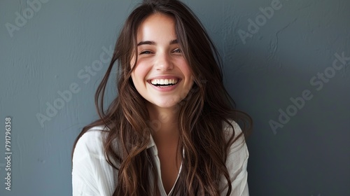 A young woman with long brown hair is smiling. She is wearing a white shirt and has her hair down. The background is a dark blue color.