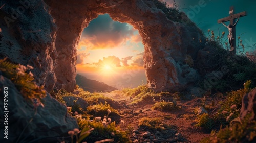 Empty Tomb With Crucifixion At Sunrise - Resurrection Concept. Resurrection - Light In Tomb Empty With Crucifixion At Sunrise  easter   jesus   christian  background