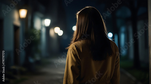 Back view Silhouette of a young woman walking home alone at night , scared of stalker and being assaulted , insecurity concept, bokeh