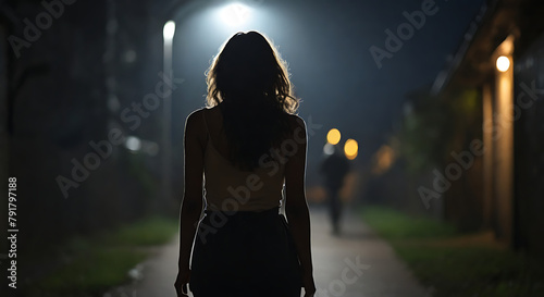 Back view Silhouette of a young woman walking home alone at night , scared of stalker and being assaulted , insecurity concept, stalker