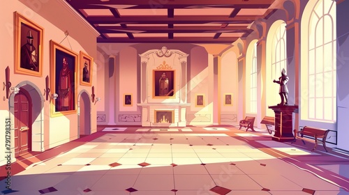 This cartoon illustration depicts the interior of a museum exhibition room as a medieval castle's art gallery, with an empty hall dominated by ancient portraits, a knight's armor statue and ancient © Mark