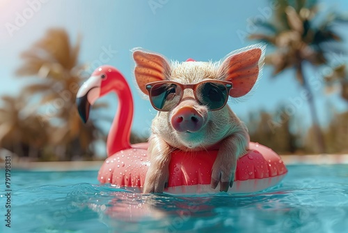 A miniature pig with sunglasses floating in a pool on an inflatable flamingo, Summer vacations © BOONJUNG