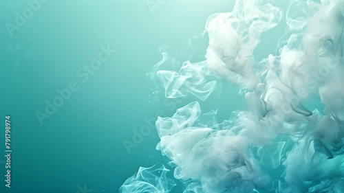 A tranquil scene of swirling smoke tendrils in soft aquatic tones, creating a soothing abstract underwater illusion. 