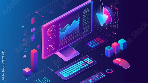 This is a concept modern illustration of SEO or search engine optimization analytics on a computer monitor with blue virtual holographic projections and graphs for data analysis in a landing page.