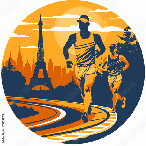 Runner logo with eiffel tower in the background, vectorial logo, vector, athletics logo of Paris, White background