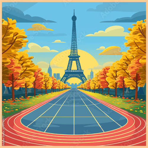 athletics track illustration with the eiffel tower in the background, sports in paris design, olympic vector