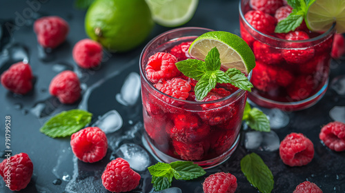 Soft drinks, healthy beverage. Refreshing summer glasses drink raspberry with mint lime and ice on a stone table. Copy space. photo