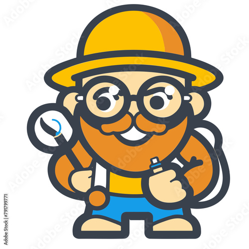 Minimalistic logo illustration of an archaeologist on a white background, cute and comical