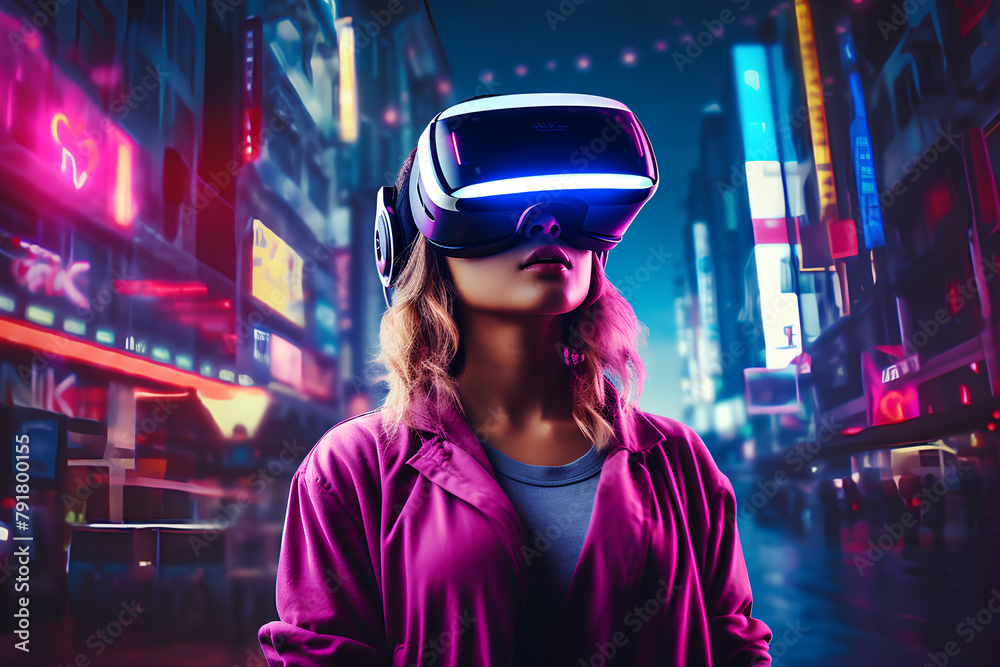 Teenage woman with VR headset exploring metaverse, playing video games on neon cyberpunk city street backdrop