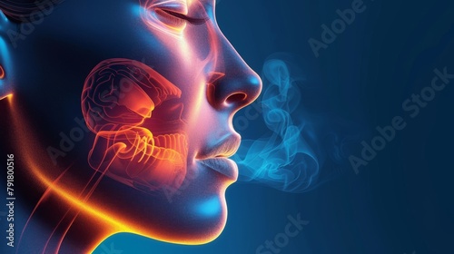 Inflammation of nasal mucous membranes and frontal sinuses in female face photo