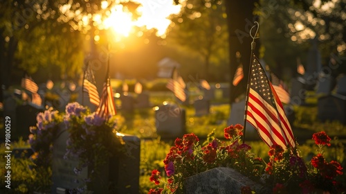 Serene Memorial Day Scene with Flags and Flowers at National Cemetery
