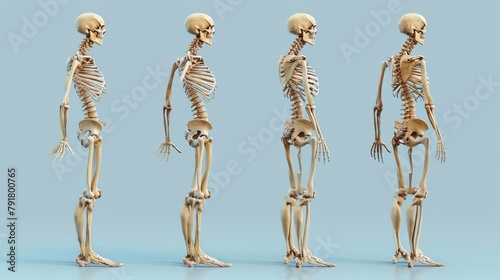 3D illustration of the human anatomy full body of a male skeleton. Five views. Two perspectives. Also included are the front, the back, the side, and the bottom views.