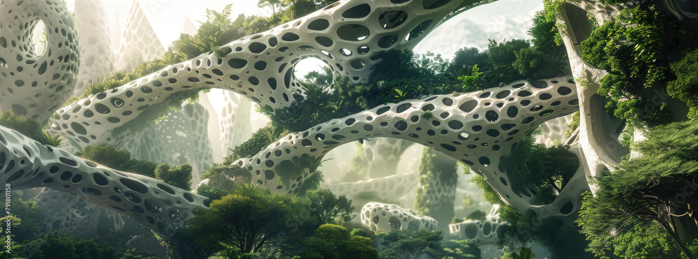 Obraz premium Mycelium in a modular design, captured in 3D cinematic style. This innovative construction method is set in a lush green environment, symbolizing its low environmental impact