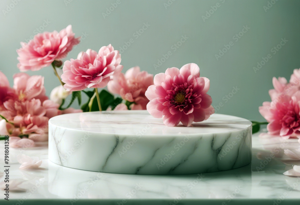 'White marble podium background pink flowers product cosmetic presentation Creative mock Pedestal platform beauty poduim dais flower beauty'