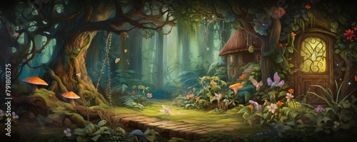 Enchanting fairy tale forest mural, perfect for a childs room, featuring magical creatures and lush greenery to spark imagination and adventure