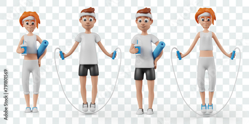 3D male and female characters in sportswear in different poses