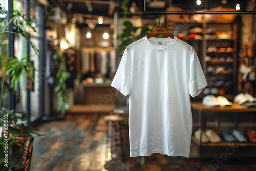 Generative AI : Mockup of white oversized t-shirt with round neckline hanging on hanger isolated on background © The Little Hut