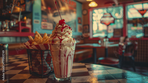 Cherry sundae with fries in a vintage restaurante, Generative AI.