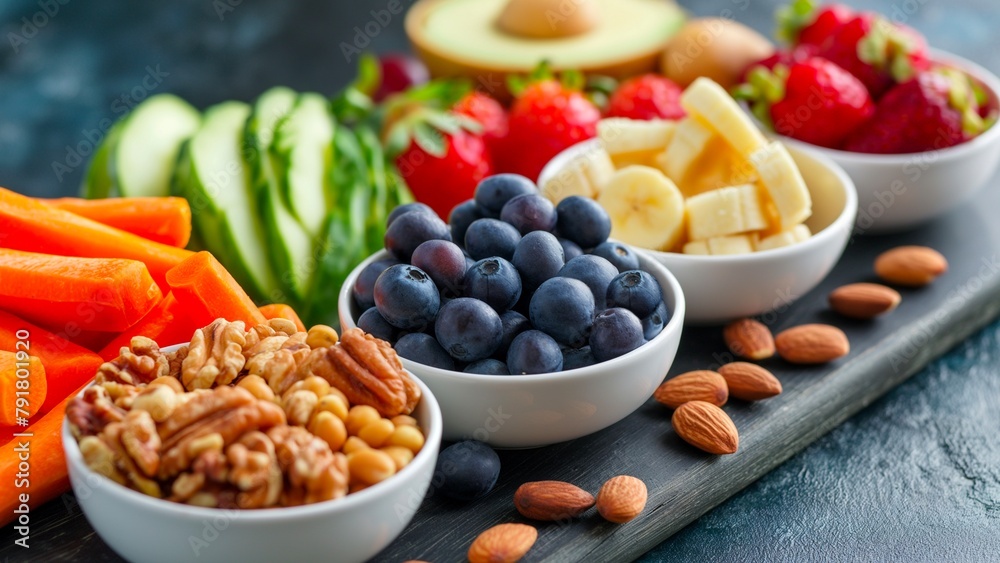 Healthy fruits, vegetables, walnuts in white bowls and almonds lined up on a black wooden cutting board.