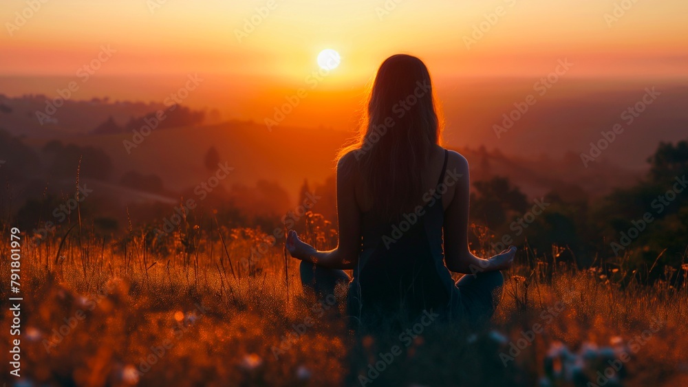A back view of a woman meditating on a tranquil sunset view.