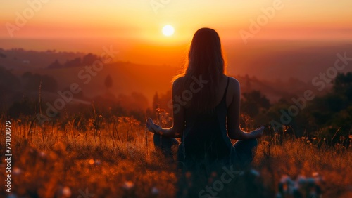 A back view of a woman meditating on a tranquil sunset view.