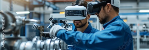 Smart industry robot arms for digital factory production technology Engineer wearing virtual reality headset standing in the manufacturing factory. Moving hand and looking around the data