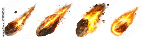 Collection of Flaming Asteroids isolated on Transparent or white Background