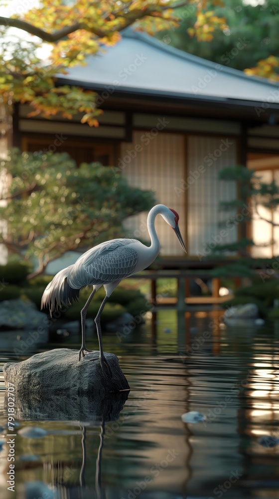 Fototapeta premium A serene image depicting a graceful crane standing poised on a rock by a peaceful pond with Japanese architecture
