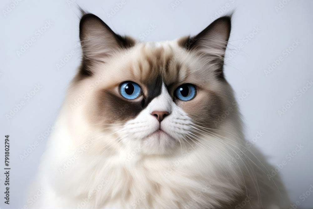 'sitting looking white birman background cat pet isolated on away studio shot full-length domestic vertebrate grey no people cut-out tan vertical one animal purebred blue eye nobody mammal front view'