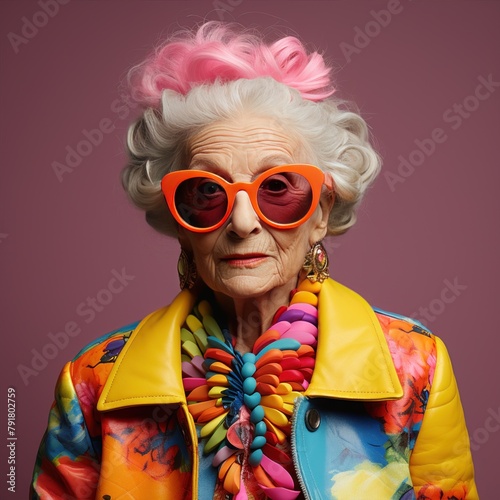 The woman wears vibrant jacket and sunglasses, adding flair to her style