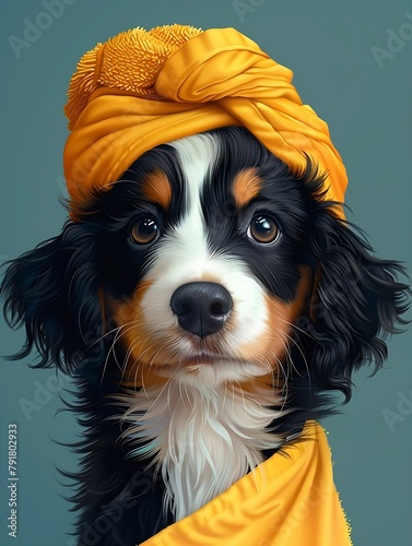 Generative AI : bernedoodle puppy in spa salon, with a towel turban on its head