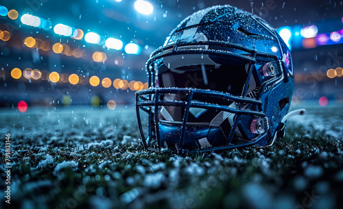 American football helmet laying on the field in the snow at night