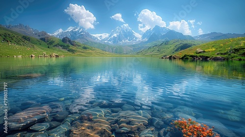 Armenian highlands, springtime beauty, vibrant colors, capturing the shimmering, rippling water before you, and the ubiquitous sunlight and gentle breeze, illustration made with Generative Ai photo